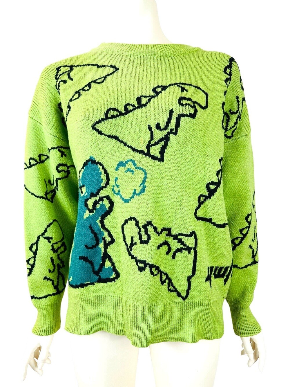 Aelfric Eden Sweater Women's Small Green Dinosaur Cartoon Knit Pullover AOP